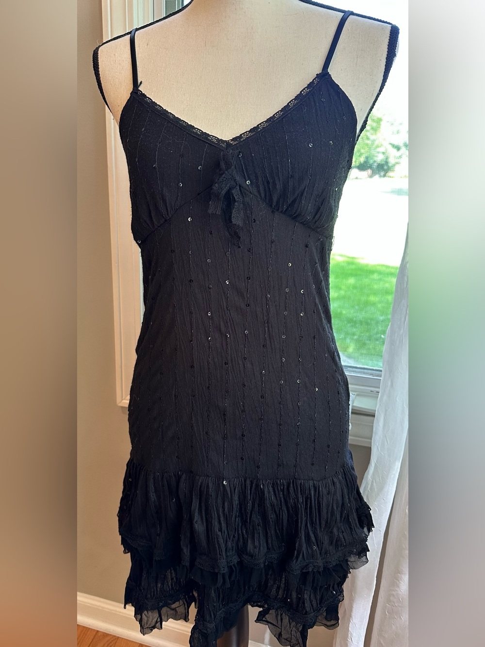 ICHI spaghetti strap form fitting sequin lace Mini Dress sz LG emo grunge dance